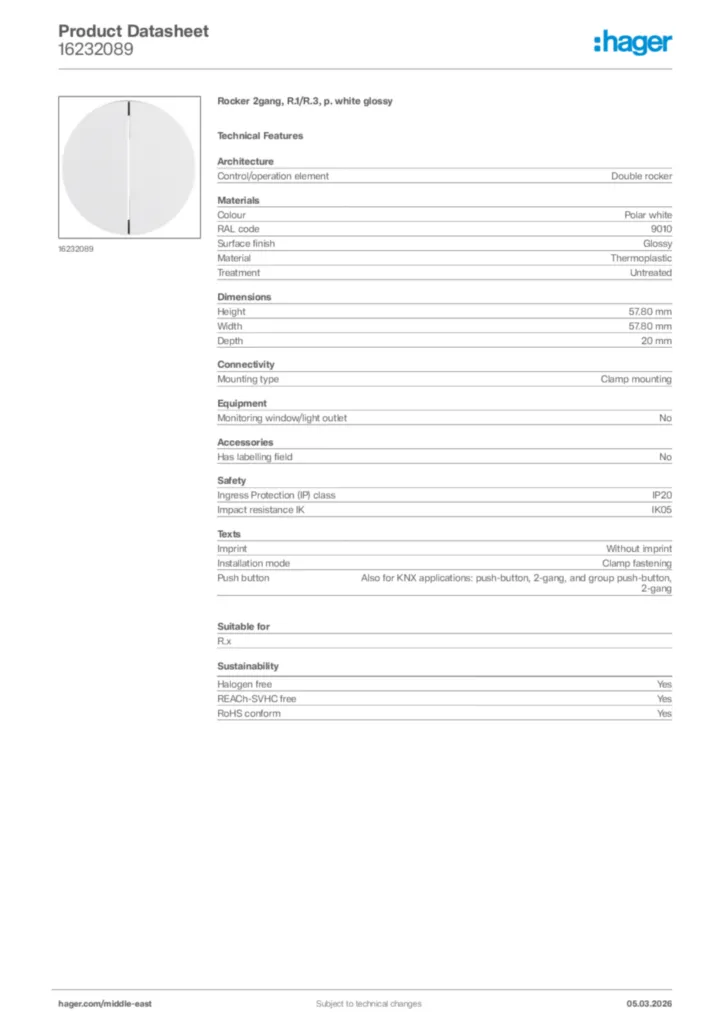 Image Hager Product data sheet 16232089  | Hager