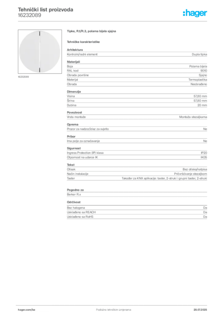 Slika Hager Product data sheet 16232089  | Hager