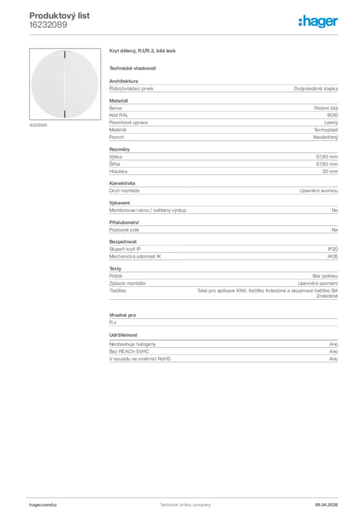 Obrázek Hager Product data sheet 16232089 | Hager