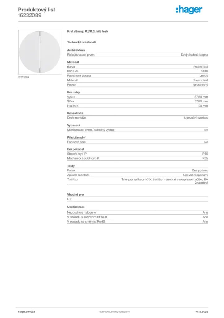 Obrázek Hager Produktový list 16232089 | Hager