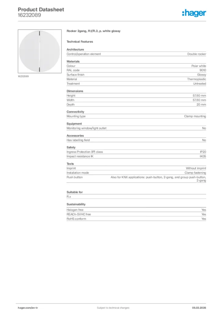 Image Hager Product data sheet 16232089  | Hager