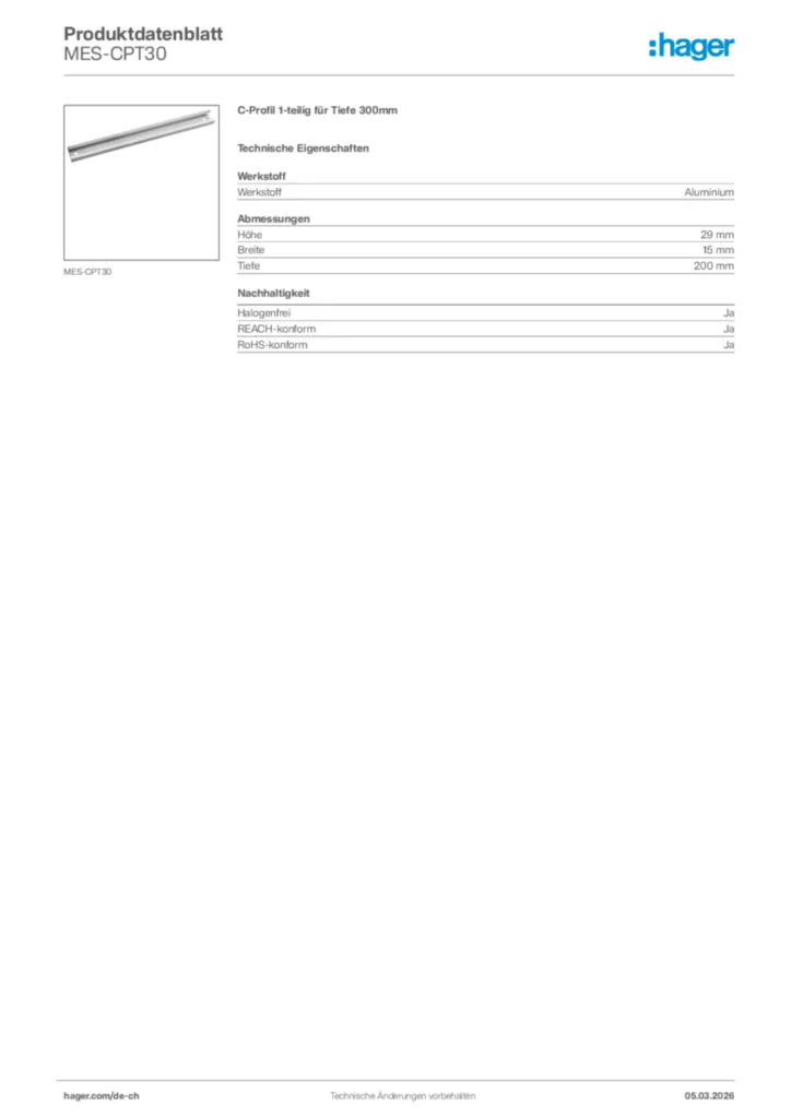 Bild Hager Produktdatenblatt MES-CPT30 | Hager Schweiz