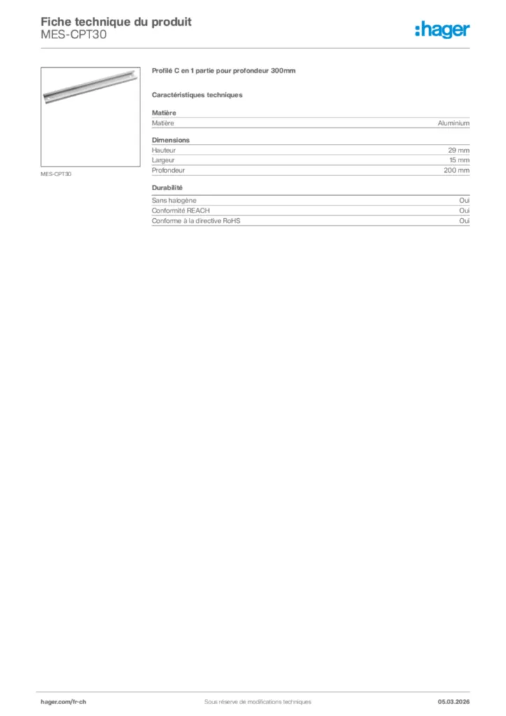 Image Hager Fiche technique du produit MES-CPT30 | Hager Suisse