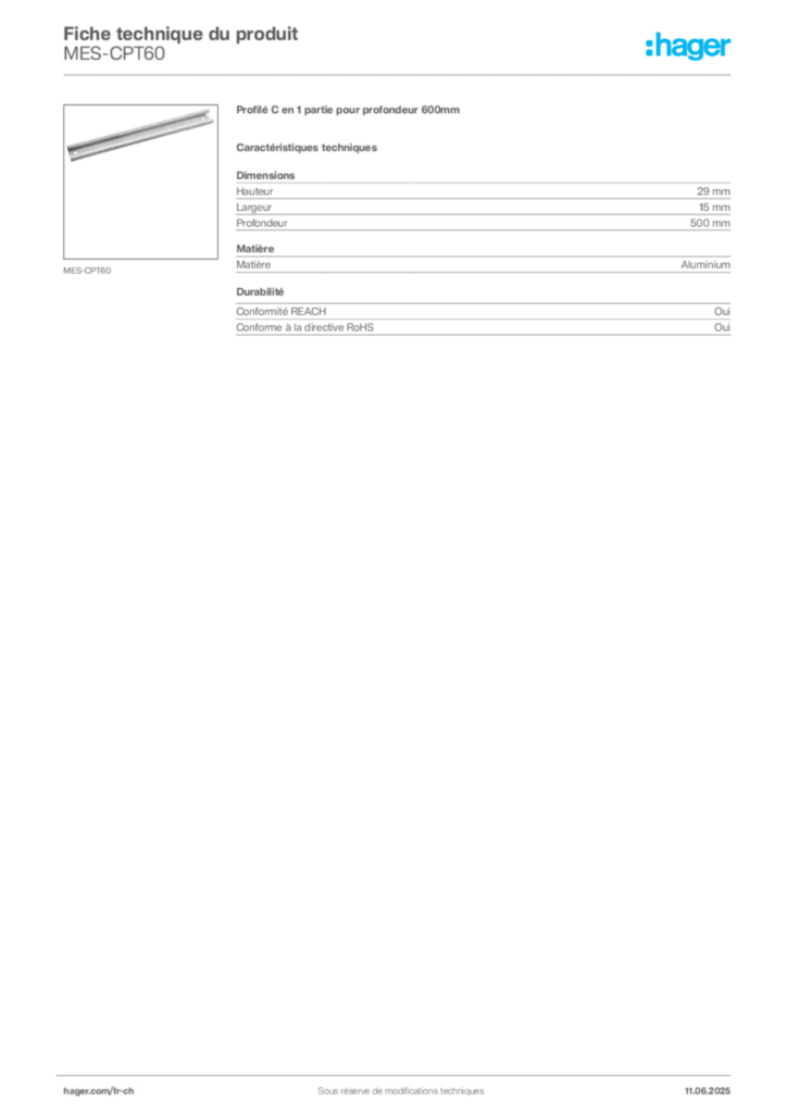 Image Hager Fiche technique du produit MES-CPT60 | Hager Suisse