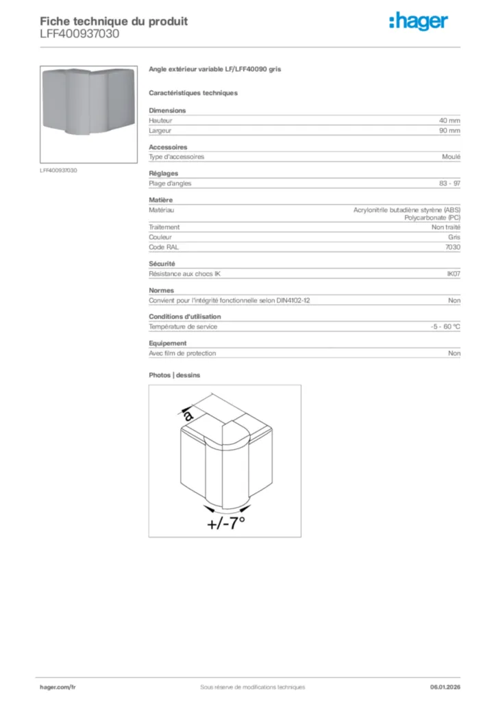 Image Hager Fiche technique du produit LFF400937030 | Hager France