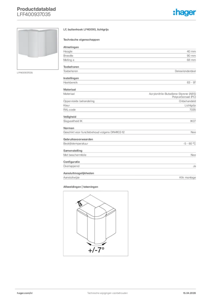Afbeelding Hager Productdatablad LFF400937035 | Hager Nederland