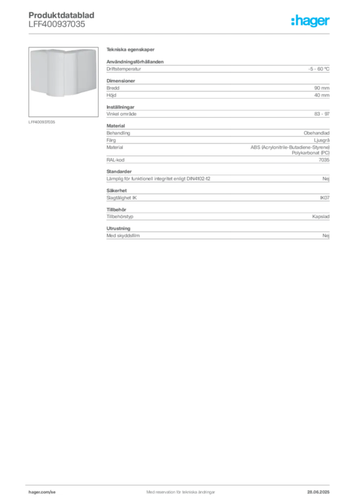 Bild Hager Produktdatablad LFF400937035 | Hager Sverige