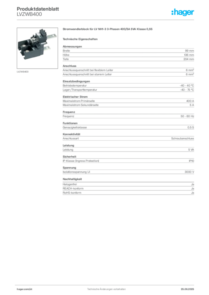 Bild Hager Produktdatenblatt LVZWB400 | Hager Deutschland