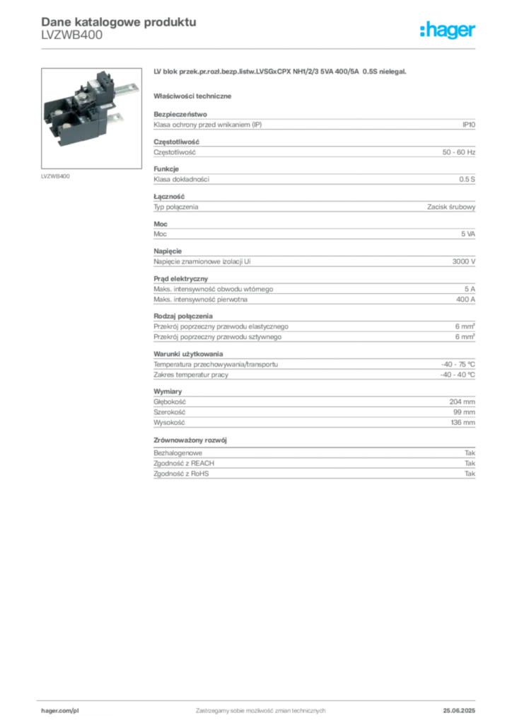 Zdjęcie Hager Dane katalogowe produktu LVZWB400 | Hager Polska