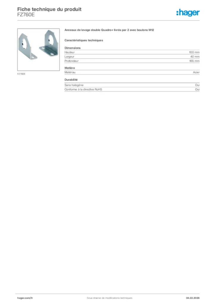Image Hager Fiche technique du produit FZ760E | Hager France
