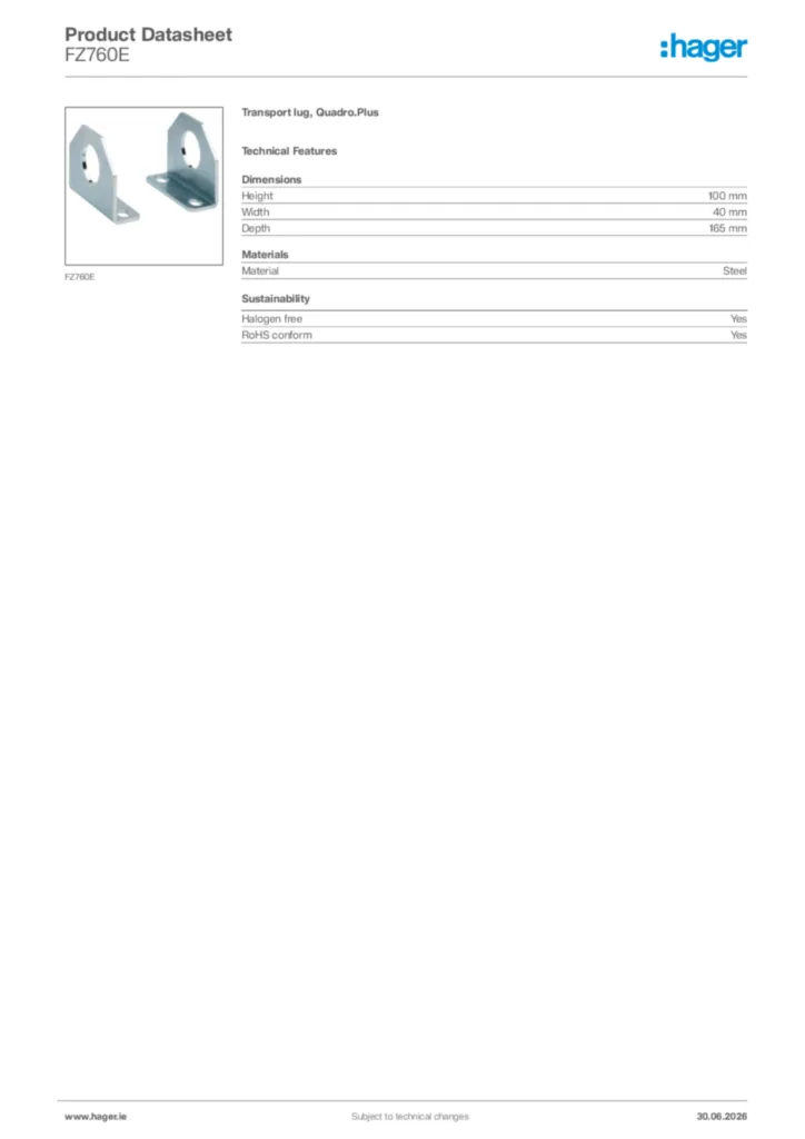 Image Hager Product data sheet FZ760E  | Hager