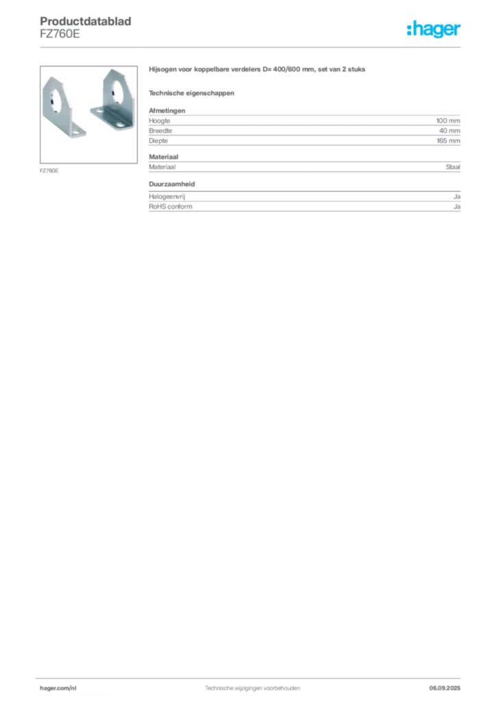 Afbeelding Hager Productdatablad FZ760E | Hager Nederland
