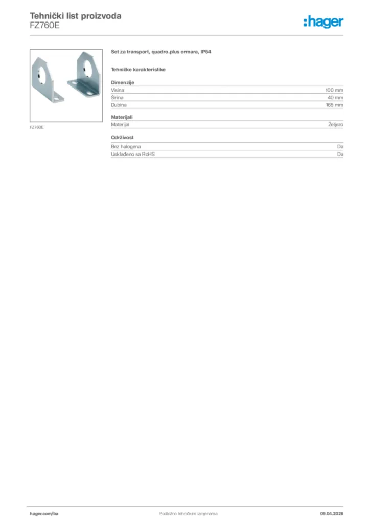 Slika Hager Tehnički list proizvoda FZ760E  | Hager