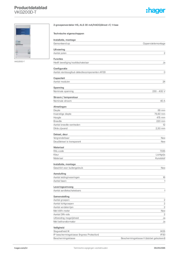 Afbeelding Hager Productdatablad VKG200D-T | Hager Nederland