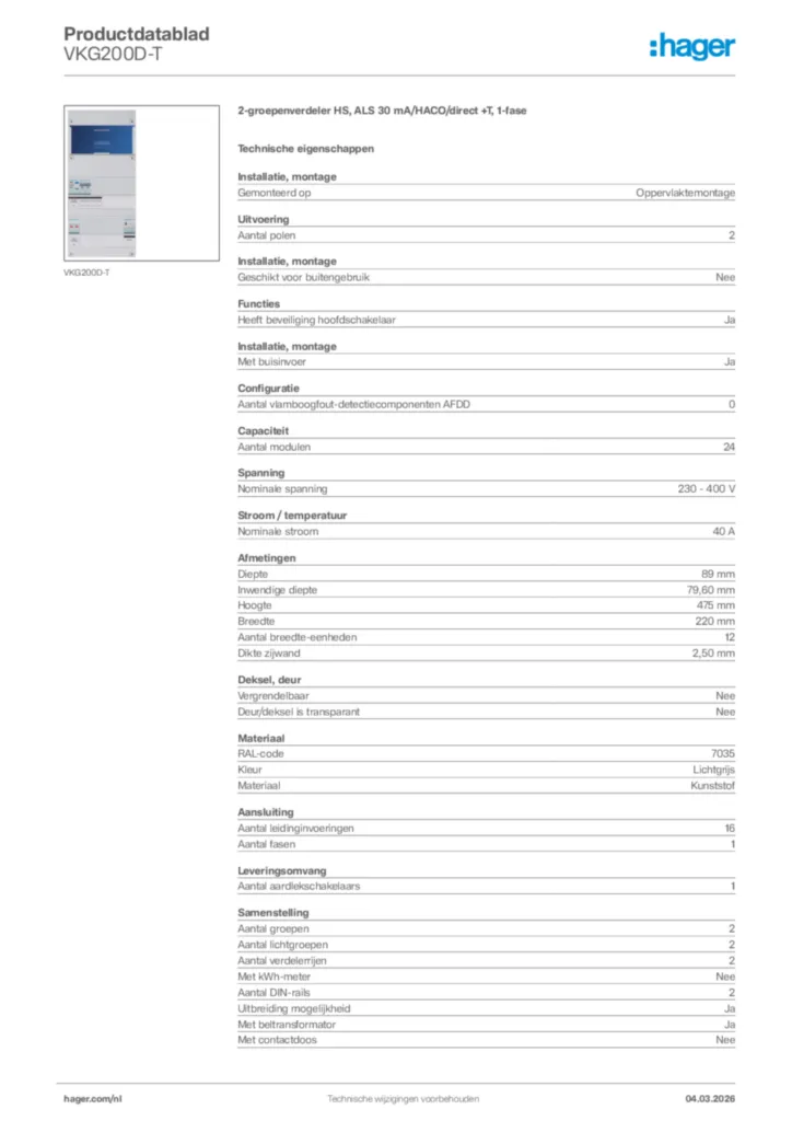 Afbeelding Hager Productdatablad VKG200D-T | Hager Nederland