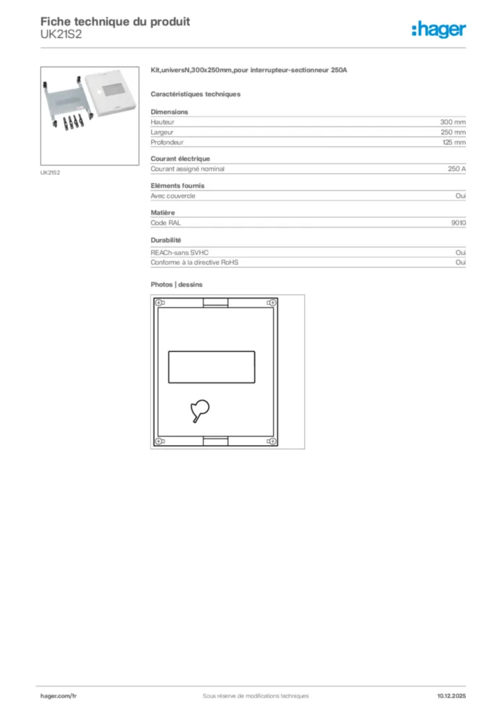 Image Hager Fiche technique du produit UK21S2 | Hager France