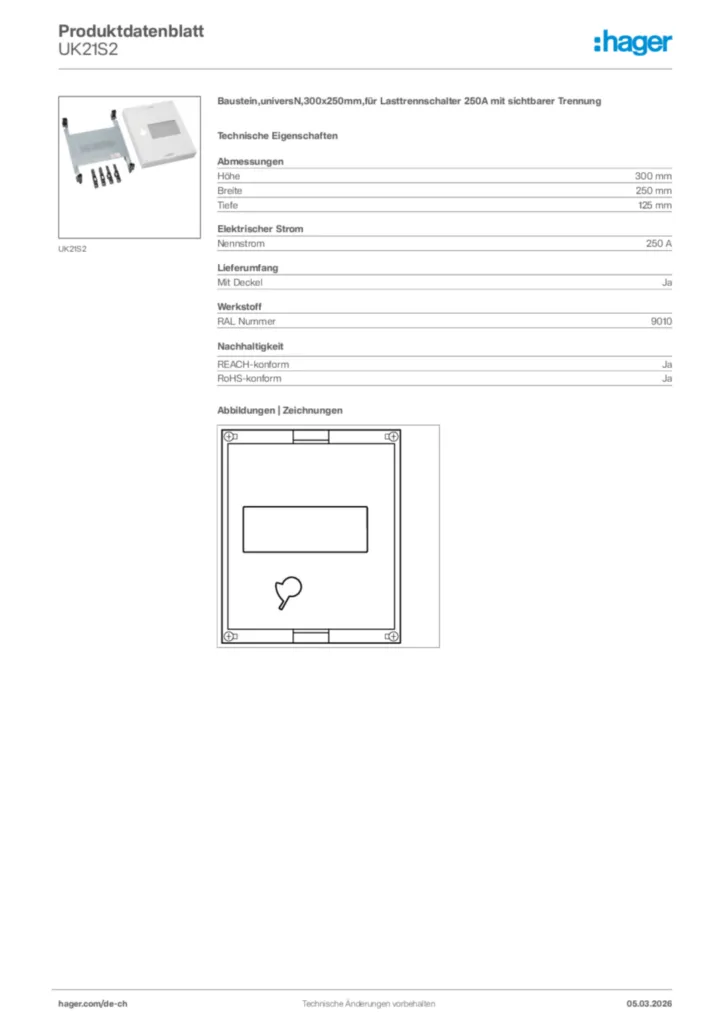 Bild Hager Produktdatenblatt UK21S2 | Hager Schweiz