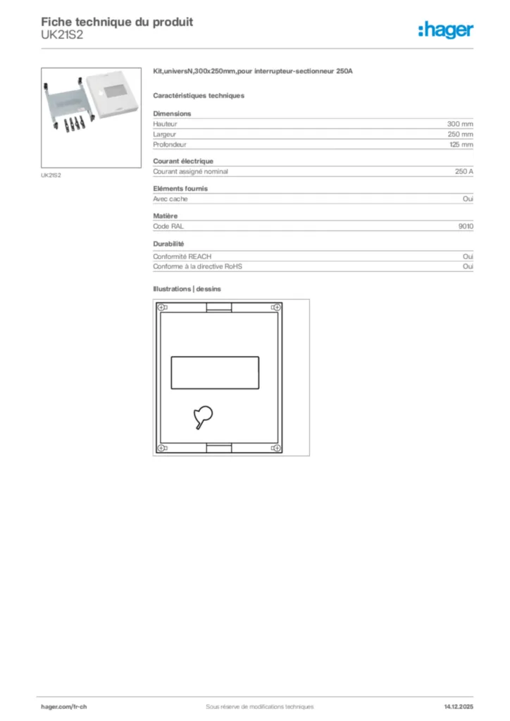 Image Hager Fiche technique du produit UK21S2 | Hager Suisse