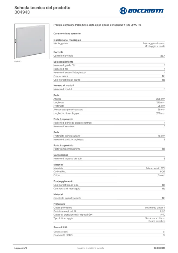 Immagine Bocchiotti Scheda tecnica del prodotto B04943 | Hager Italia