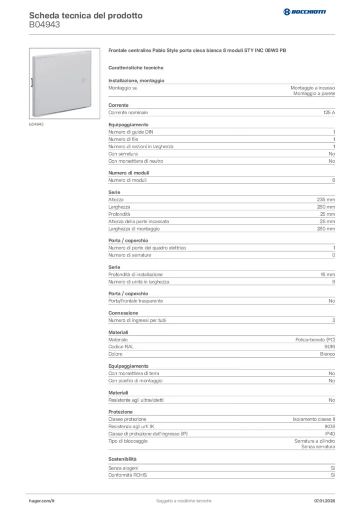 Immagine Bocchiotti Scheda tecnica del prodotto B04943 | Hager Italia