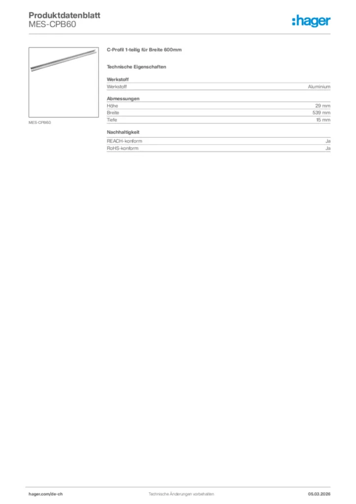 Bild Hager Produktdatenblatt MES-CPB60 | Hager Schweiz
