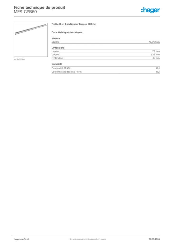 Image Hager Fiche technique du produit MES-CPB60 | Hager Suisse