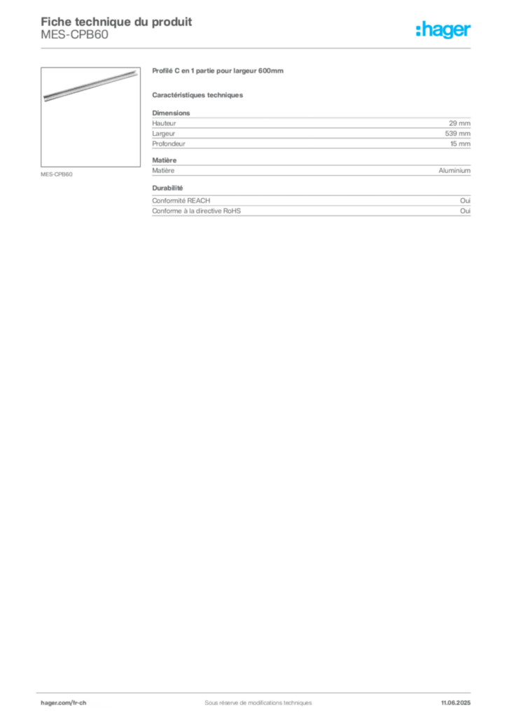 Image Hager Fiche technique du produit MES-CPB60 | Hager Suisse
