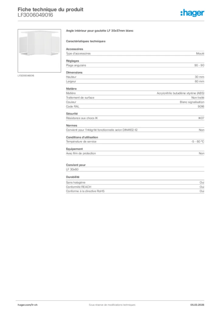 Image Hager Fiche technique du produit LF3006049016 | Hager Suisse