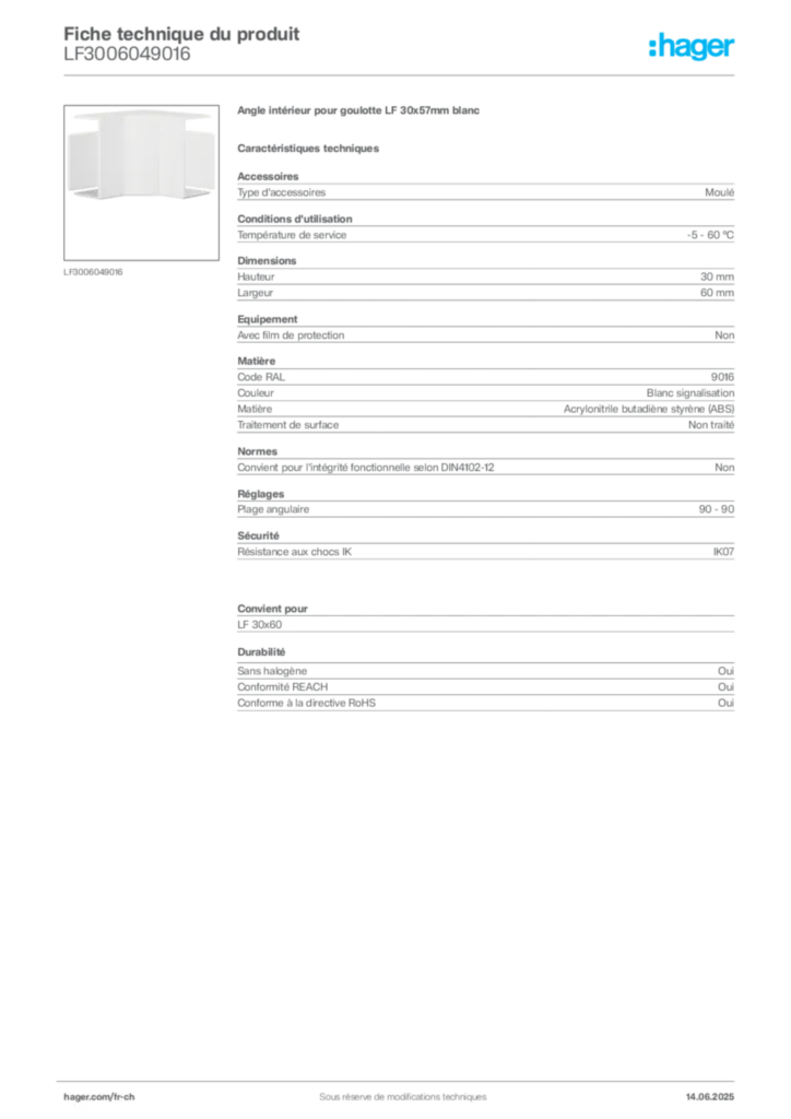 Image Hager Fiche technique du produit LF3006049016 | Hager Suisse