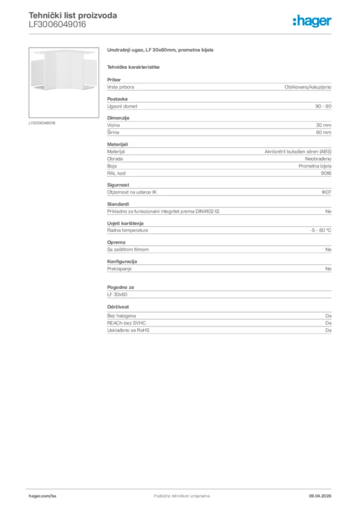 Slika Hager Tehnički list proizvoda LF3006049016  | Hager