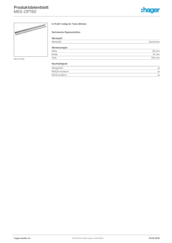 Bild Hager Produktdatenblatt MES-CPT80 | Hager Schweiz