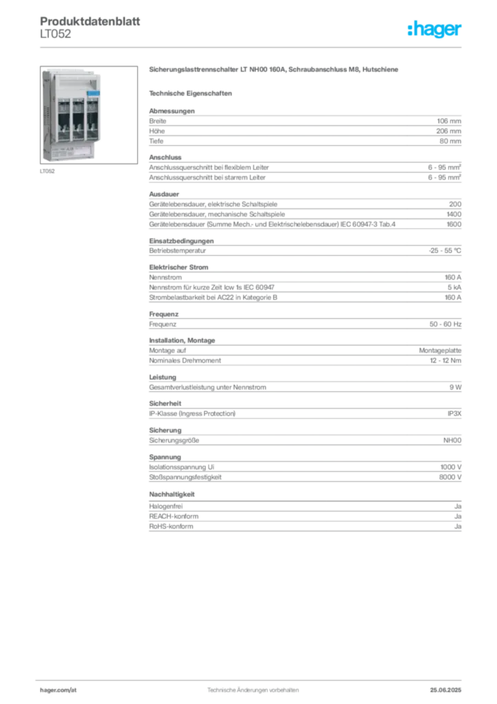 Bild Hager Produktdatenblatt LT052 | Hager Deutschland