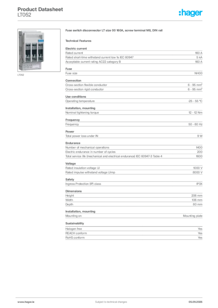 Image Hager Product data sheet LT052  | Hager