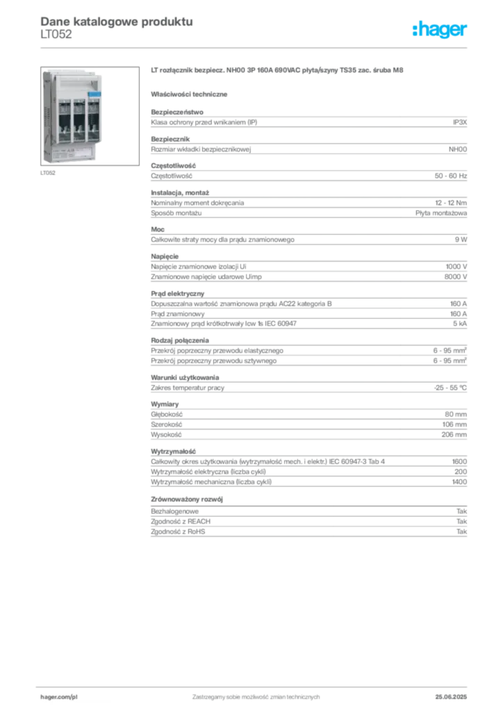 Zdjęcie Hager Dane katalogowe produktu LT052 | Hager Polska