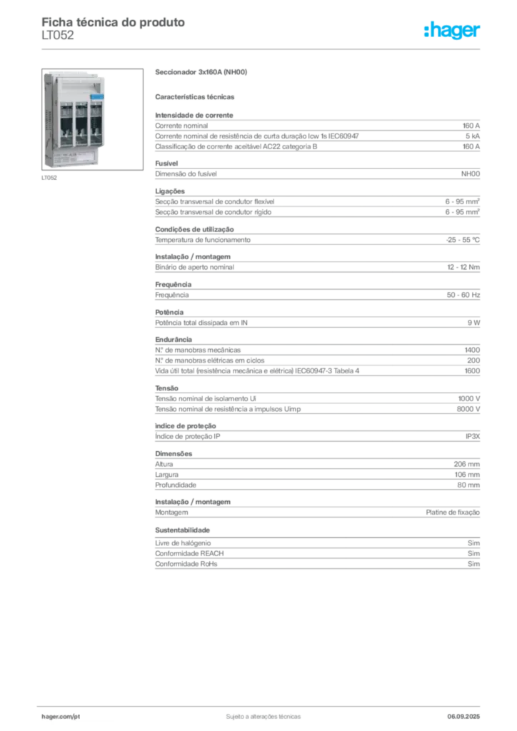Imagem Hager Ficha técnica do produto LT052 | Hager Portugal