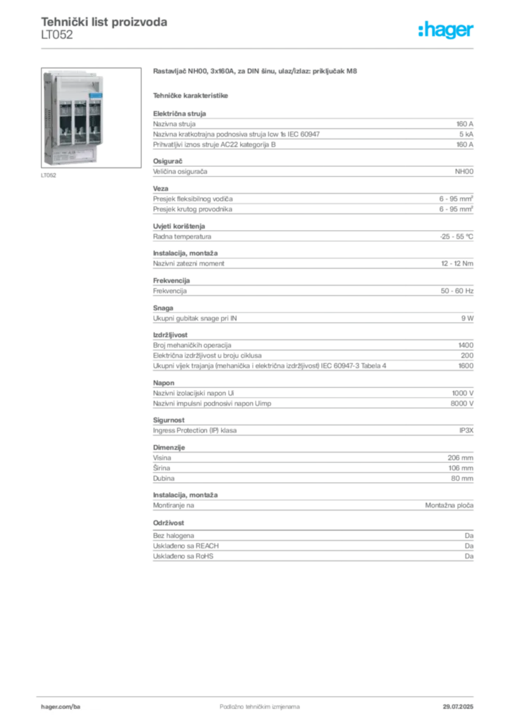 Slika Hager Product data sheet LT052  | Hager