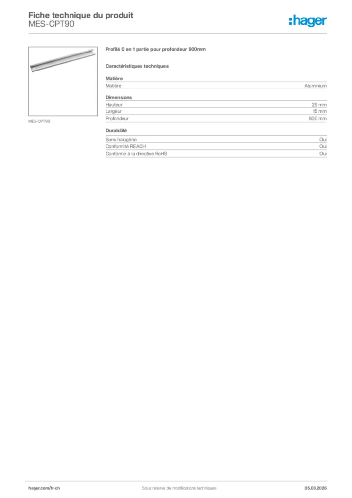 Image Hager Fiche technique du produit MES-CPT90 | Hager Suisse