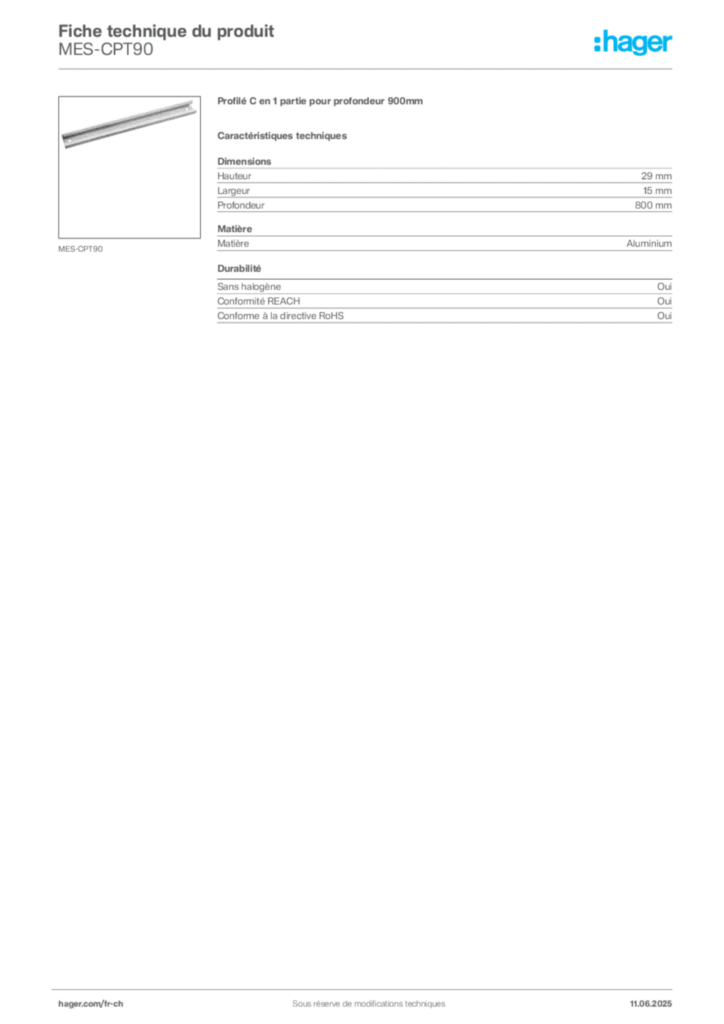 Image Hager Fiche technique du produit MES-CPT90 | Hager Suisse