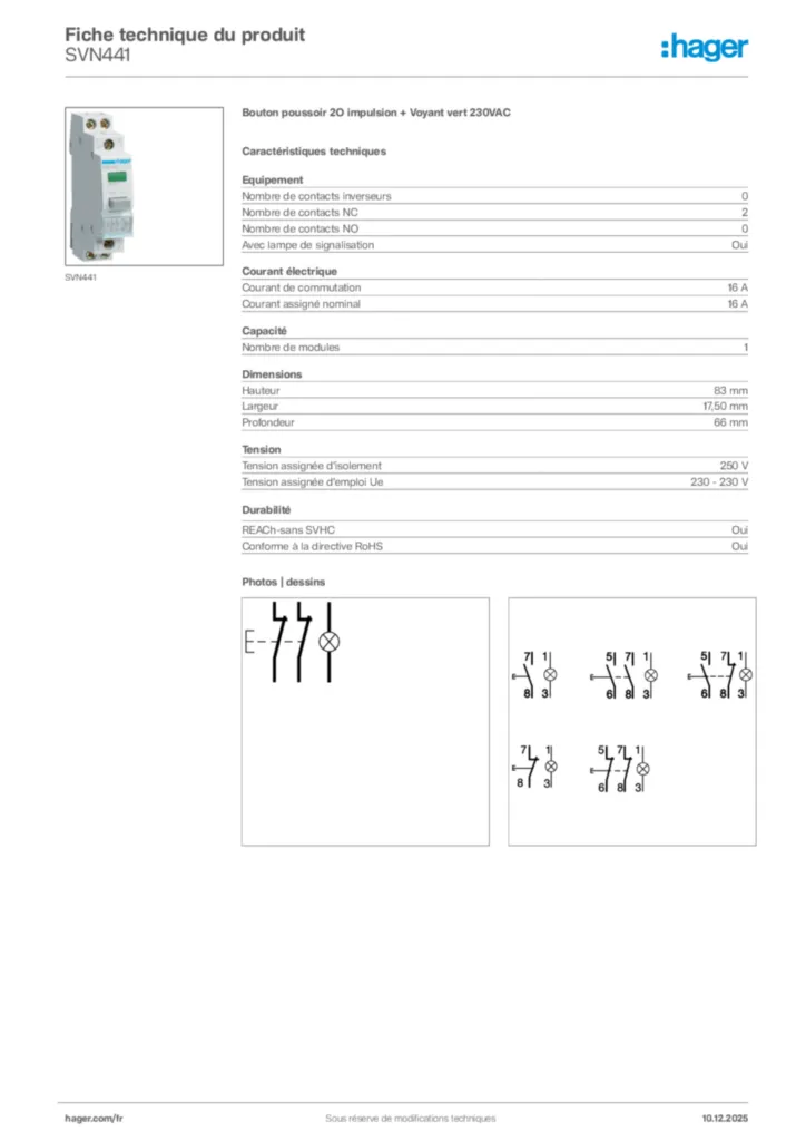 Image Hager Fiche technique du produit SVN441 | Hager France