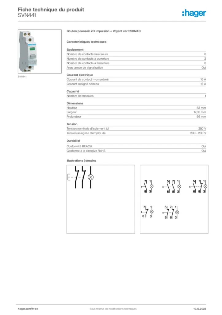 Image Hager Fiche technique du produit SVN441 | Hager Belgique