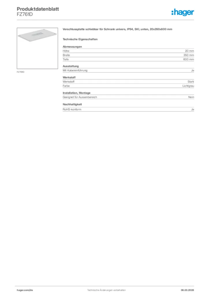 Bild Hager Produktdatenblatt FZ761D | Hager Deutschland