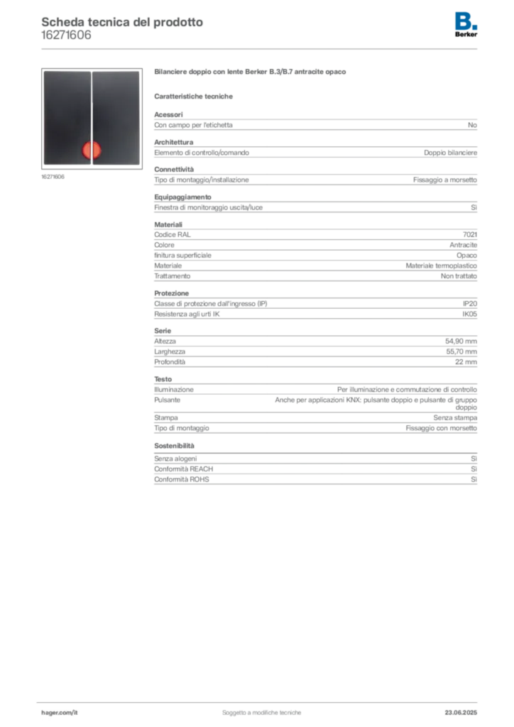 Immagine Berker Scheda tecnica del prodotto 16271606 | Hager Italia