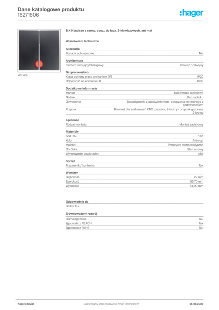 Zdjęcie Hager Dane katalogowe produktu 16271606 | Hager Polska
