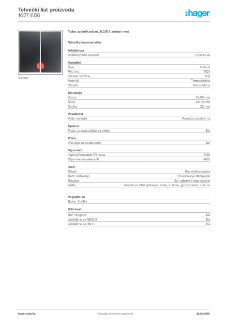 Slika Hager Product data sheet 16271606  | Hager