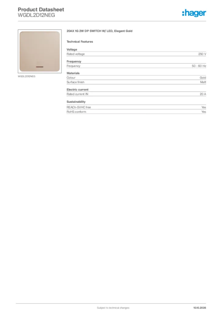 Image Hager Product data sheet WGDL2D12NEG  | Hager Africa