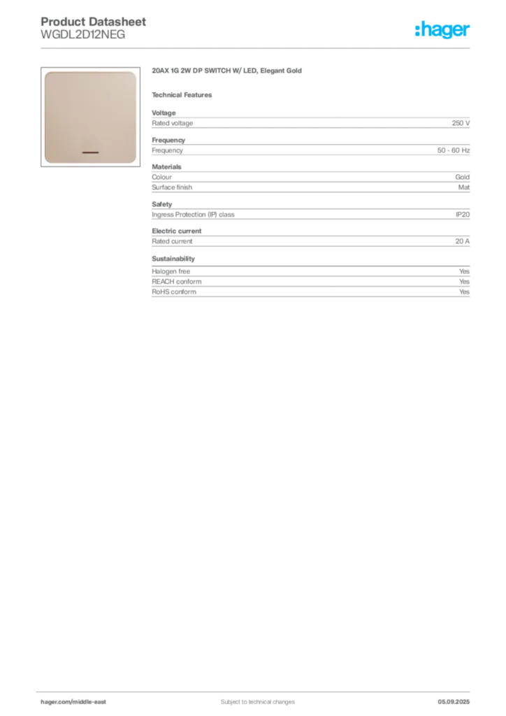 Image Hager Product data sheet WGDL2D12NEG  | Hager