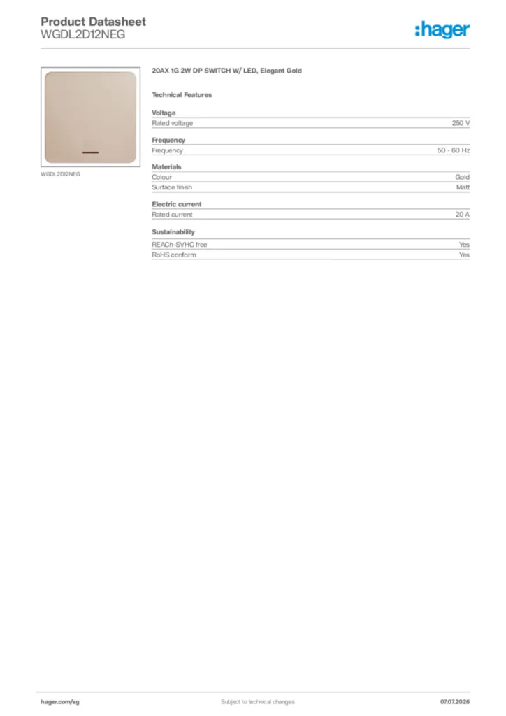 Image Hager Product data sheet WGDL2D12NEG  | Hager