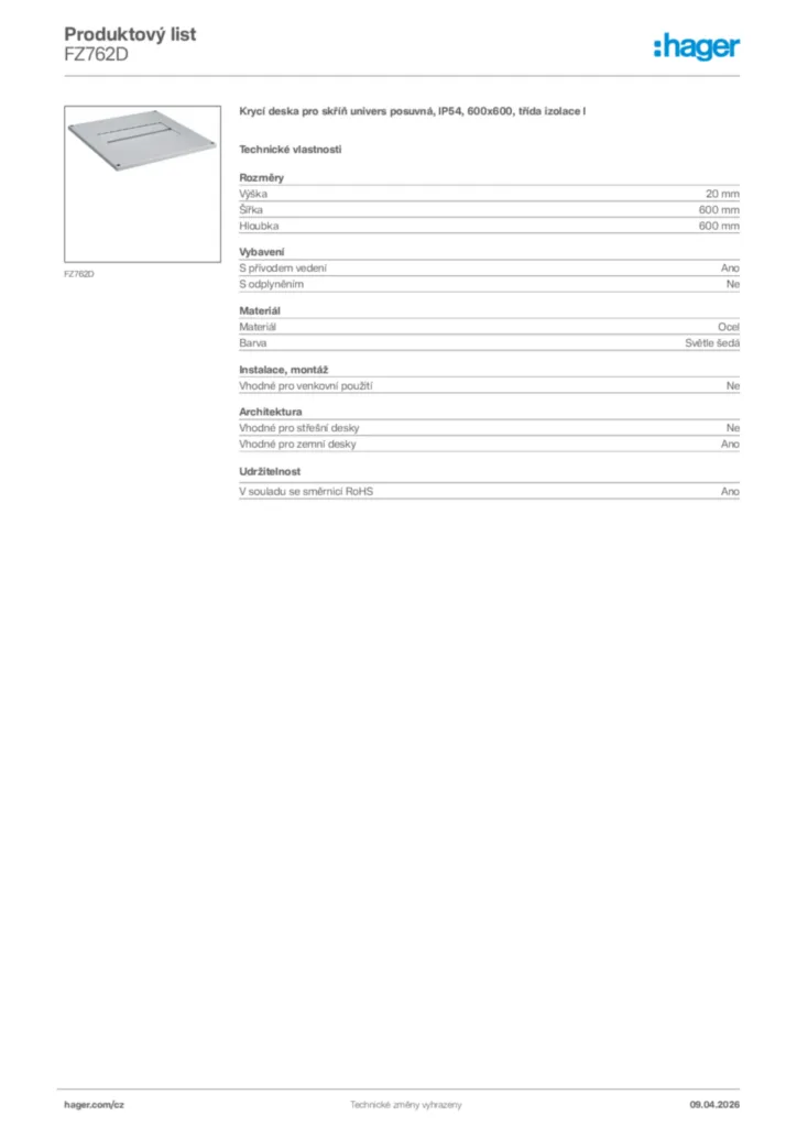 Obrázek Hager Product data sheet FZ762D | Hager