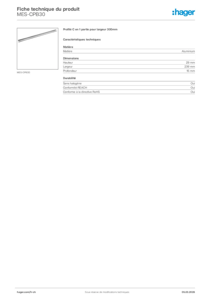 Image Hager Fiche technique du produit MES-CPB30 | Hager Suisse