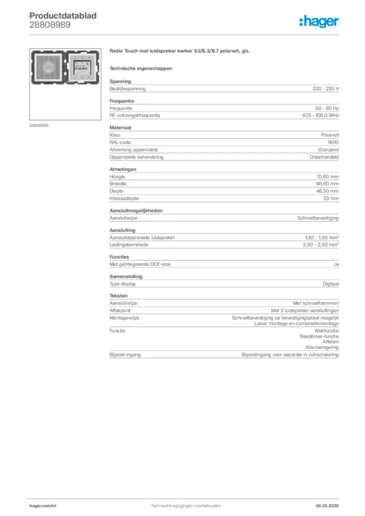 Afbeelding Hager Productdatablad 28808989 | Hager Nederland